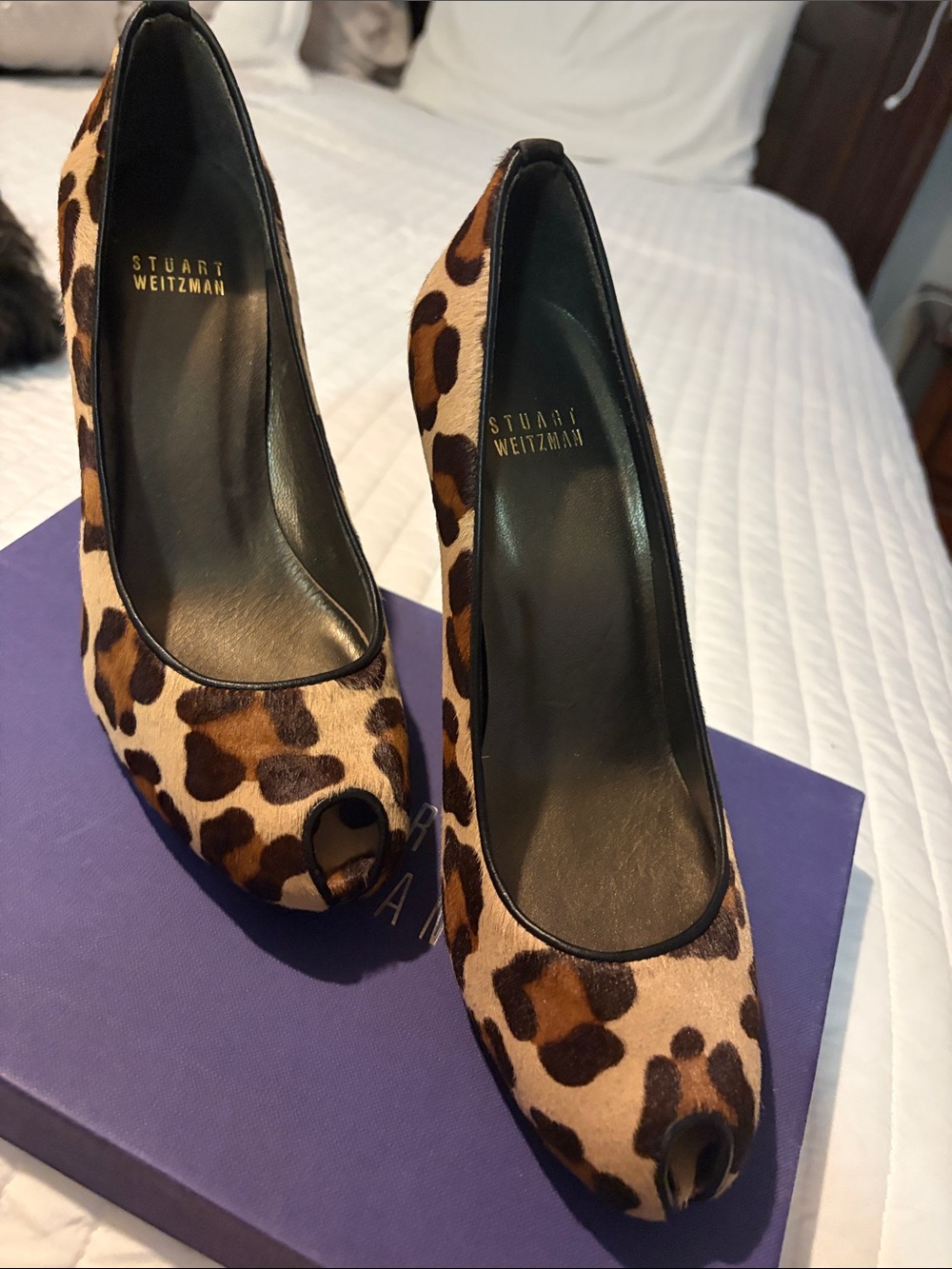 Stuart Weitzman Leopard Print Peep-Toe Heels in Brown and Black